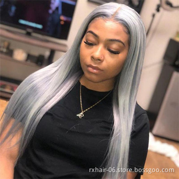 High Quality Grey Color 13X4 Transparent Lace Front Wig Pre-plucked Colored Silver Straight Human Hair Wigs